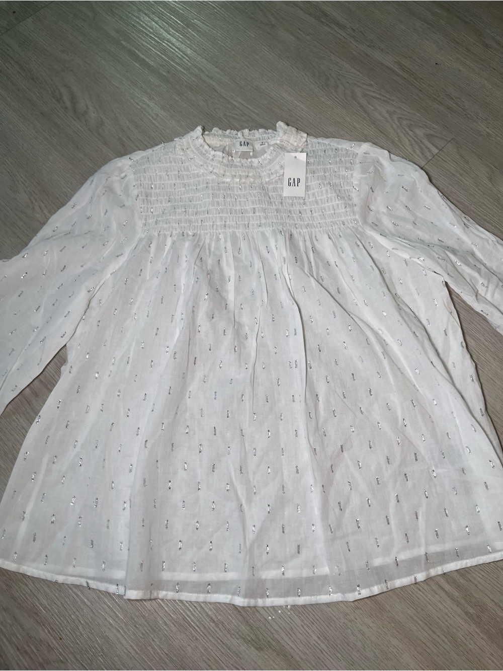 GAP White Smocked White with Silver Polka Dots Long-Sleeve Blouse Small